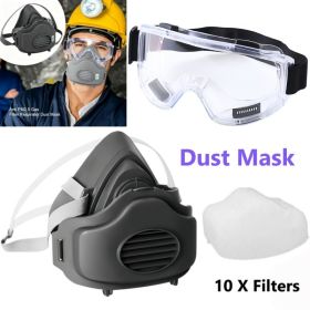 Half Face Respirator Gas Mask Facepiece Spray Painting Safety Glasses For 3200 With 10 Replaceable Filters And Anti-fog Goggles (Option: 1pack)
